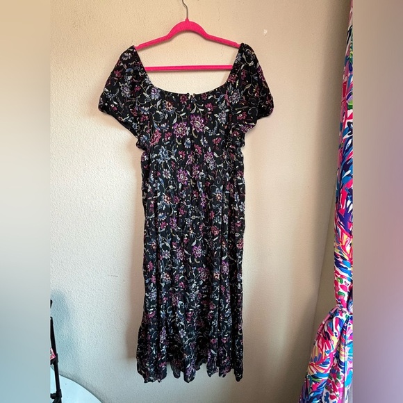 Lane Bryant Black Metallic Floral Bubble Sleeve Tie Neck Tiered Midi Dress 20 - Picture 5 of 12